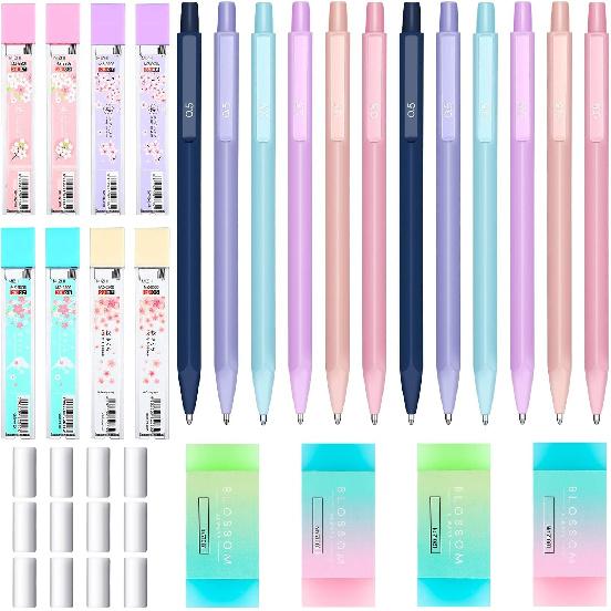 Yexiya 36 Pcs Mechanical Pencil Set, 12 Pastel Cute Mechanical Pencils with 8 Tubes HB Resin Refills, 4 Pcs Erasers and 12 Cap Eraser Refills for