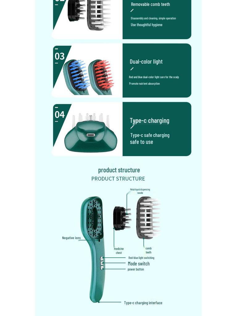 Tragbares Kopfhautmassagegerät: Negativ-Ionen Rot-/Blau-Licht Haarwachstumskamm