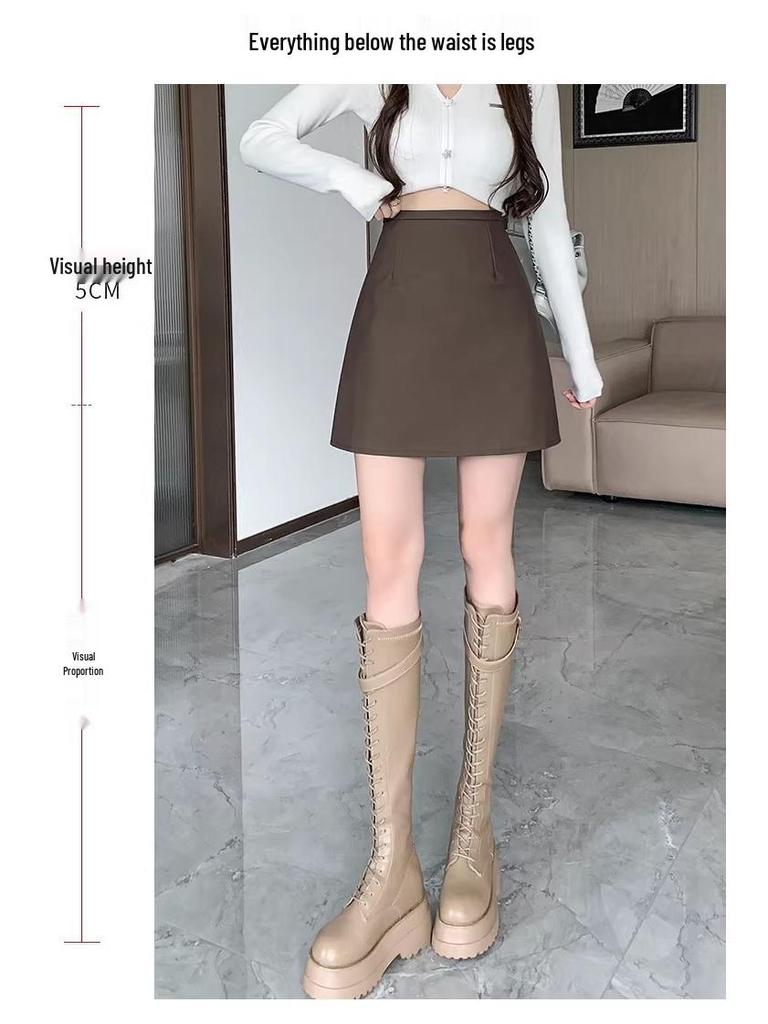 High Waist PU Leather A-Line Midi Skirt - Autumn/Winter Collection, Anti-Exposure, Slimming, Frosted Matte Finish with Zipper