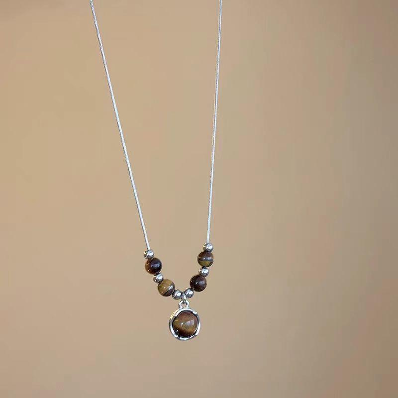 Maillard Leather Anti-tiger's Eye Stone Necklace Women's Chinese Stacked Choker Neck Chain Versatile Temperament Collarbone Chain