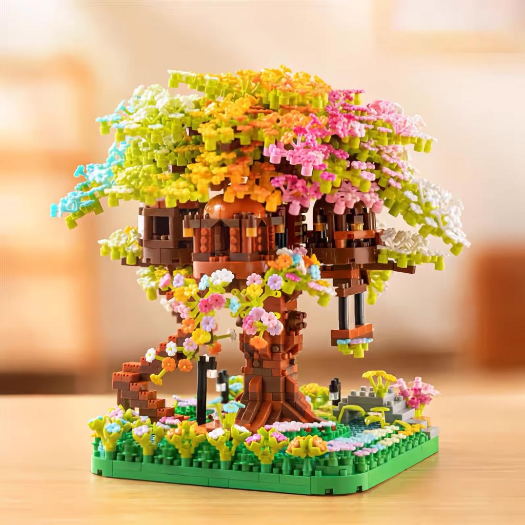 Mini Zestaw Klocków do Budowy Drzewa Sakura DIY Klocki Kwitnącej Wiśni Model Domku na Drzewie Dekoracja Romantyczny Prezent dla Dziewczyny
