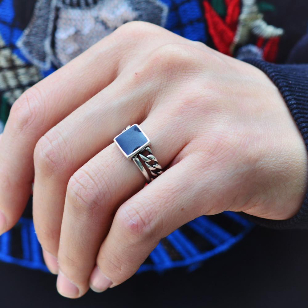 Trendy Square Black Resin Thai Silver Men`s Ring  Promotion For Man Birthday Gift Never Fade Drop Shipping