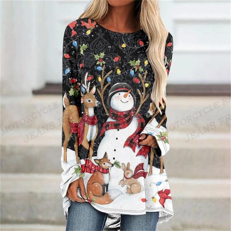 

Женская футболка с рождественской елкой, футболка с 3D принтом снеговика, женская модная футболка, свободные топы с длинными рукавами, футболки, женские футболки большого размера