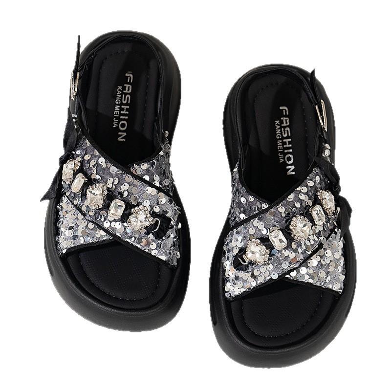 Platform sandals women's shoes 2025 summer new open-toe cross one-word buckle new Chinese sequined Roman beach shoes