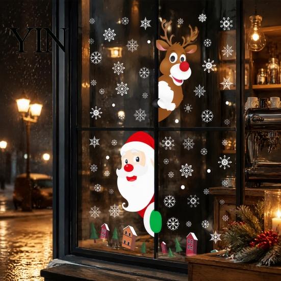 Christmas Window Decals 4Pcs Santa Claus & Reindeer Static Clings with Snowflake, PVC Removable Decals, Cling Snowflakes Reusable Glass Stickers