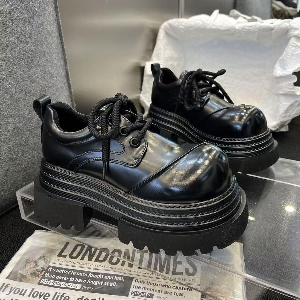 European muffin platform big head small leather shoes women's British style round head lace-up derby shoes small height-increasing loafers