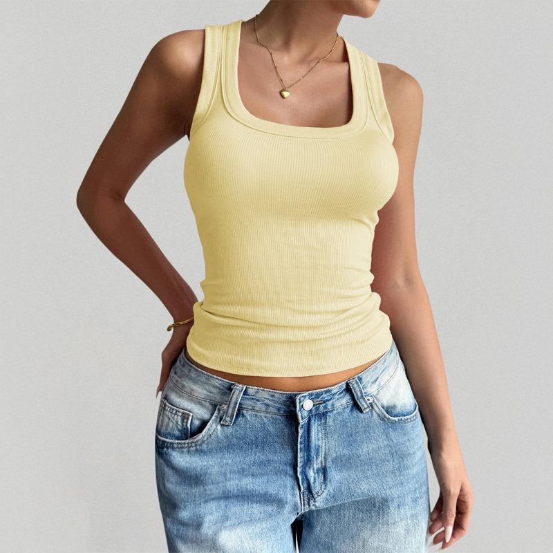 Women Ribbed Square Neck Sleeveless Fitted Basic Tank Top S