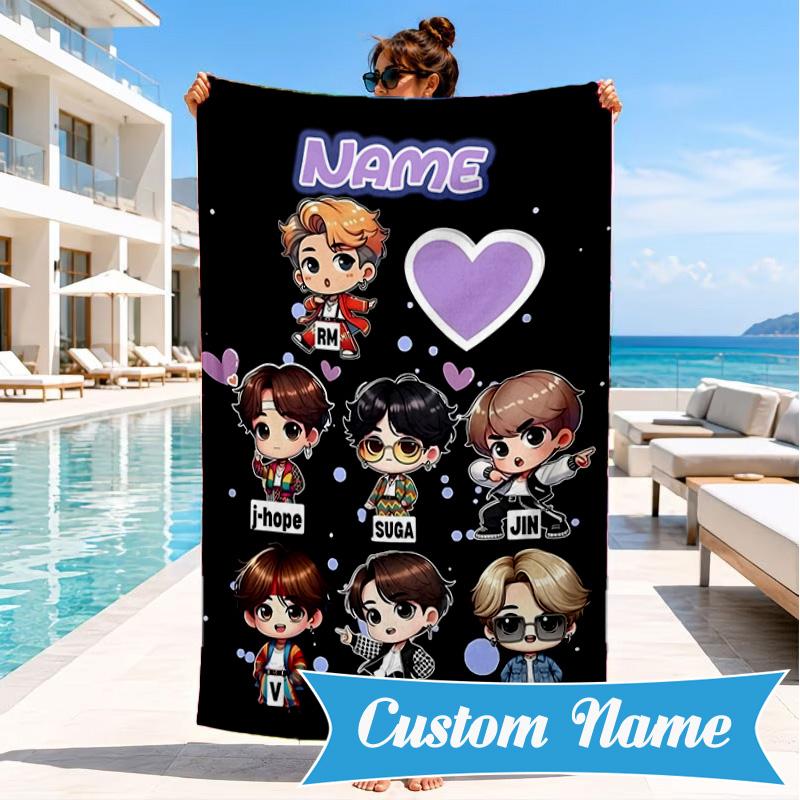 Custom Name Music Friends K-pop Beach Towel Microfiber Beach Towel, Lightweight and Quick-Dry, for Summer Travel, Swimming Pool Gift