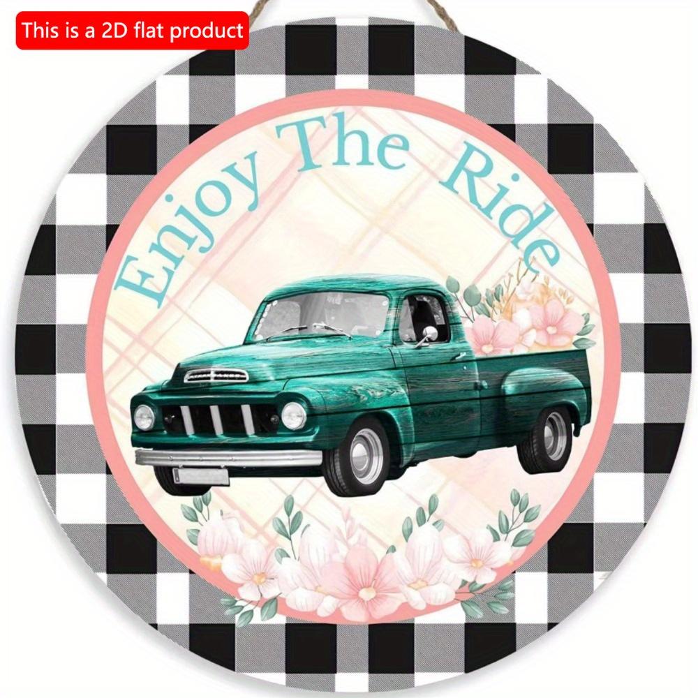 1pc 2d Flat Retro Round Wooden Sign Flower Market Flower Truck, Novel and Interesting Garage Bar Kitchen Home Family Friend Gift Wooden Sign- 20cm