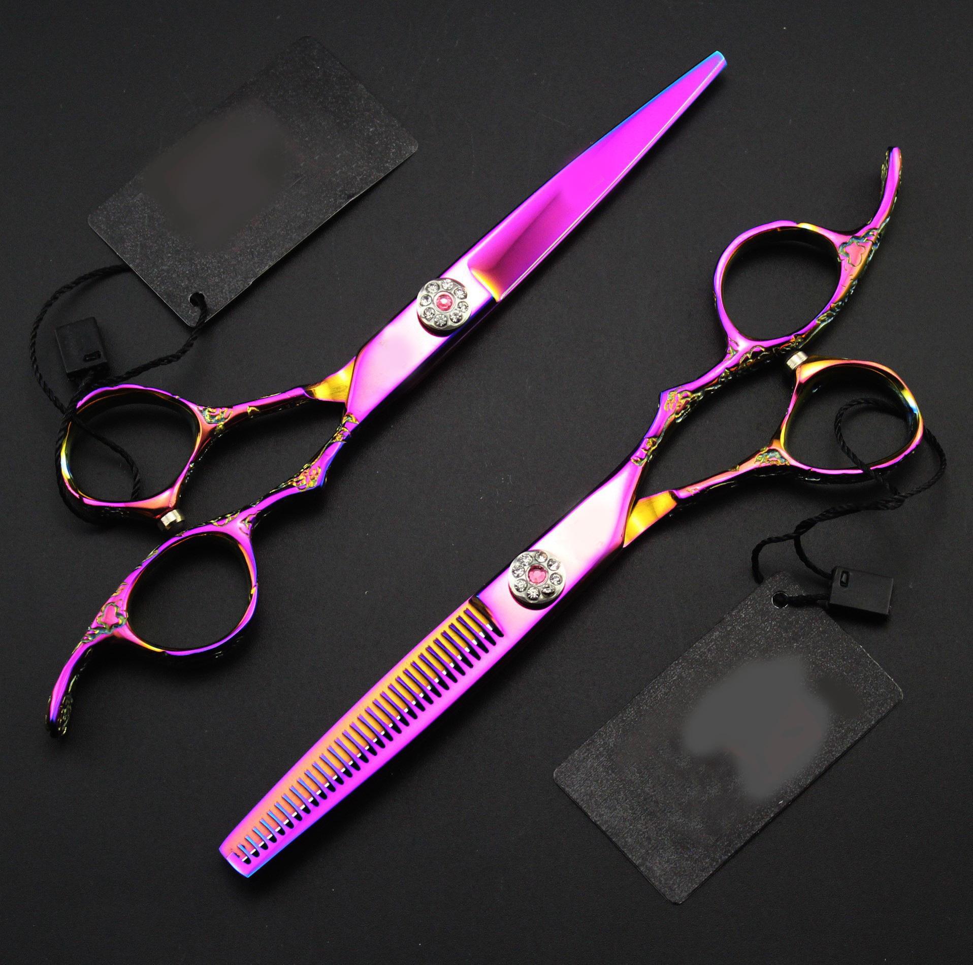 6.0  Pink Plum Blossom Hairdressing Scissors: Straight & Serrated Shears with Free Custom Logo Serrated Scissors