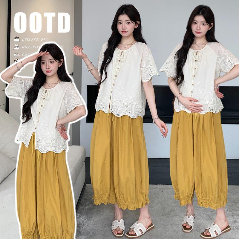 

2026 Summer Korean Lace Top & Flower Bud Wide-Leg Pants Set L