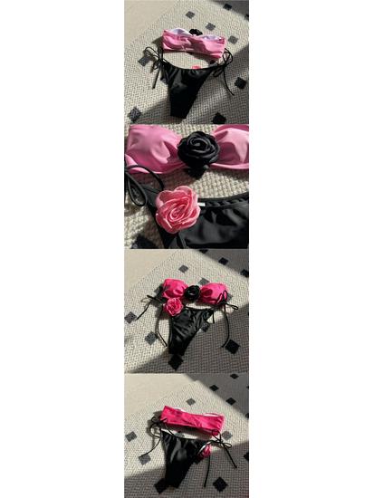Rose Tie-Dye Color Block Two-Piece Swimsuit with Drawstring Lace-Up Bikini, European and American Style, Strapless Design 