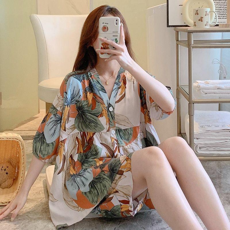 Kortermet Shorts Pyjamas Dame Tynn Drakts Cardigan Sommer Løstsittende Hjemmeklær