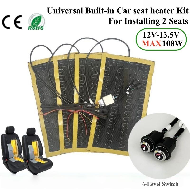 Universal 12V Built-In Car Seat Heater Kit Fit 2 Seats,108W Black Alloy Wire Heating Pads 6-level Heated Switch System Harness