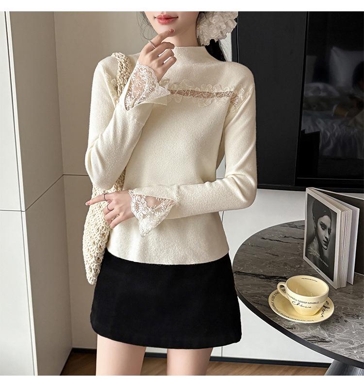 2026 Lace Trim Long Sleeve Korean Style Knit Sweater for Women: Autumn Winter Slightly Sexy Inner or Outer Wear
