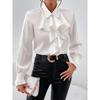 women's Solid Color Satin Lapel Collar Ruffle Layered Long Sleeve Cuff Detail Casual Blouse Shirt Top