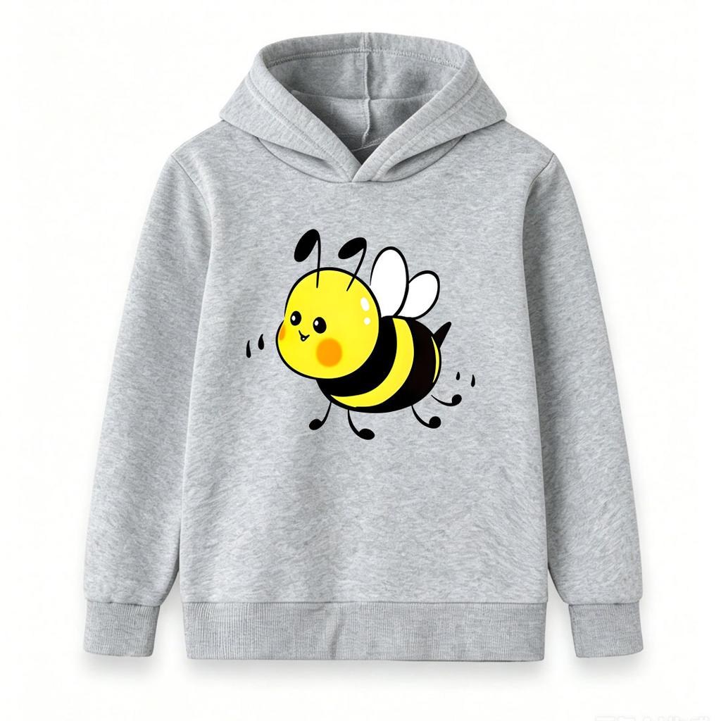 Cute Cartoon Bee Print Kids Hoodie, Unisex Boys Girls Casual Soft Pullover Sweatshirt, Comfortable Long Sleeve Hooded Top for Daily Wear and Outdoor A