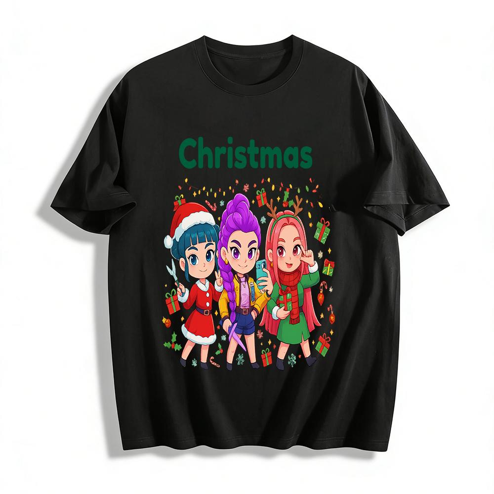 

Christmas Cartoon Girls Print Top Casual Loose Fit Unisex T-shirt Holiday Vibe Pure cotton T-shirt XXS