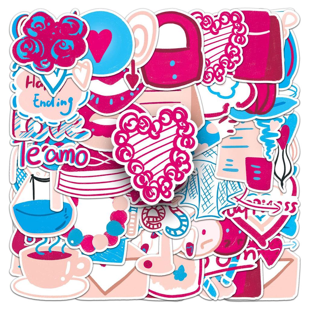 50 Love Cartoon Hand-drawn Valentine's Day Gum Card Love Decoration Suitcase Stickers