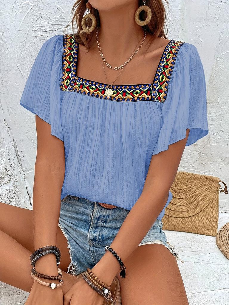 Oversized Floral Embroidery Stand Collar Shirt Set Camisole Short Sleeve Backless Top for Women