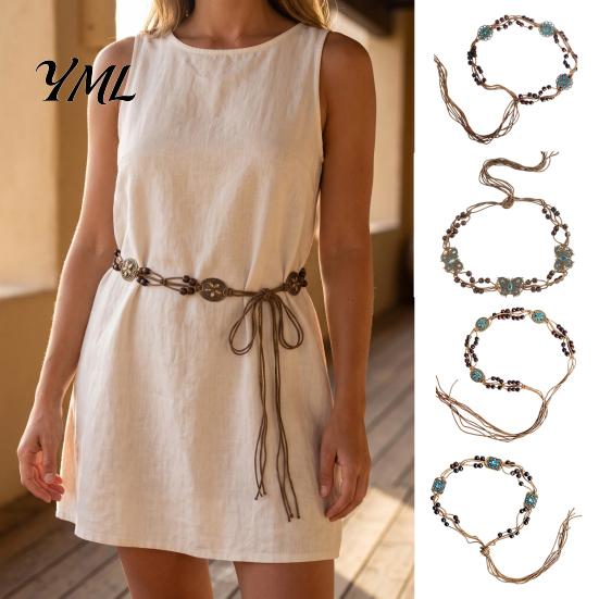 Braided Rope Waistband Bohemian Waist Belt for Women, Vintage Rhinestone Cord Handmade Ornament Chain, Adjustable Layered Belly Chain Dresses