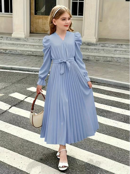 Girls' Retro Elegant Lantern Sleeve Dress with Pleated Skirt and Decorative Belt