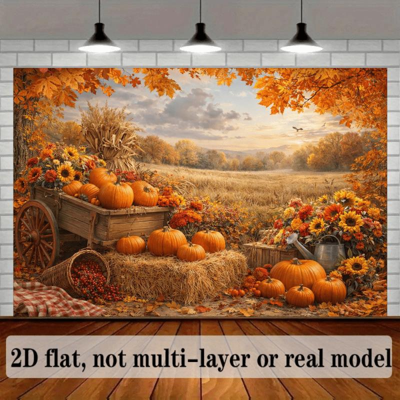 2D plane fairy tale autumn harvest background fabric orange pumpkins hay stacks wooden handcart sunflowers.PMJ