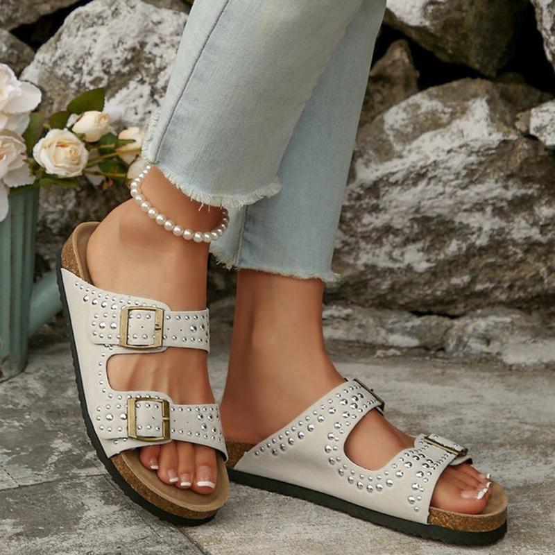 Fashion Summer Suede Flat Slippers for Women Soft Bottom Rivet Street Style Woman Slippers Buckle Strap Solid Woman Slides