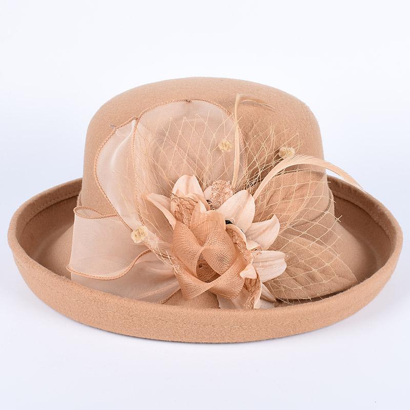 Elegant Women'S Hats Fashion  Winter Bowler Fedora Ladies Wool Round Hat Autumn Vintage Party Fedoras Church Felt Top Hat