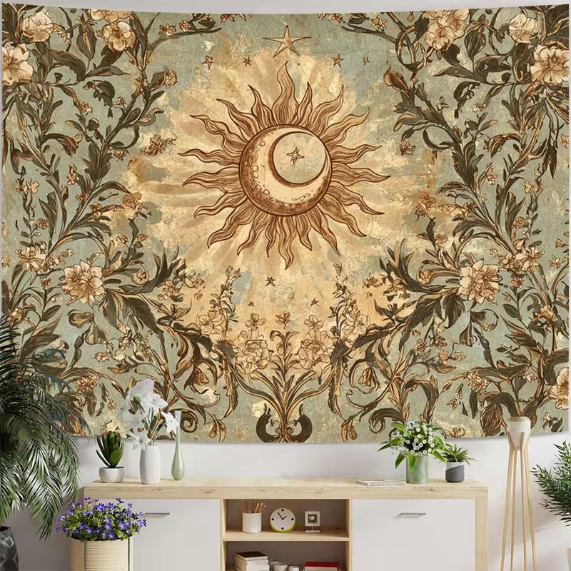 Tapisserie 2D Dark Academia Soleil Lune, Décor Mural Céleste Floral Rétro