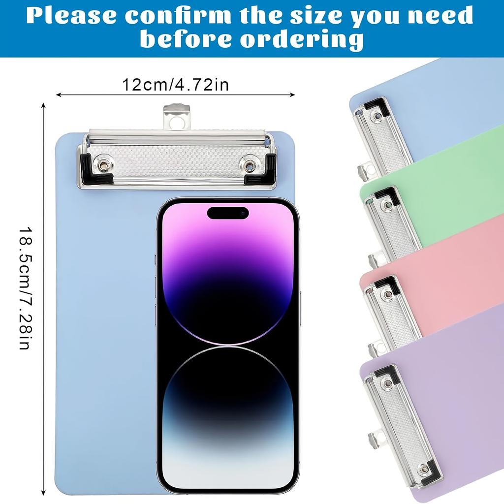 Set of 4 Plastic Mini Clipboards with Subtle Clips, Measuring 7.28X4.72inch A6,Suitable for Use in Offices,Or Outdoor Classrooms