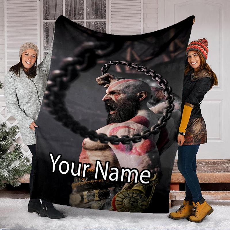 Custom Name God of War Theme Printed Blanket - Perfect for Couch, Bed, Travel & Outdoor Use | Machine Washable, Cozy & Durable.