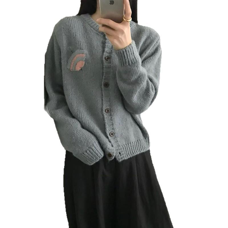 American Personalized Embroidery Pattern Round Neck Long Sleeve Knitted Cardigan Women'S Autumn And Winter Loose Casual Sweater Jacket