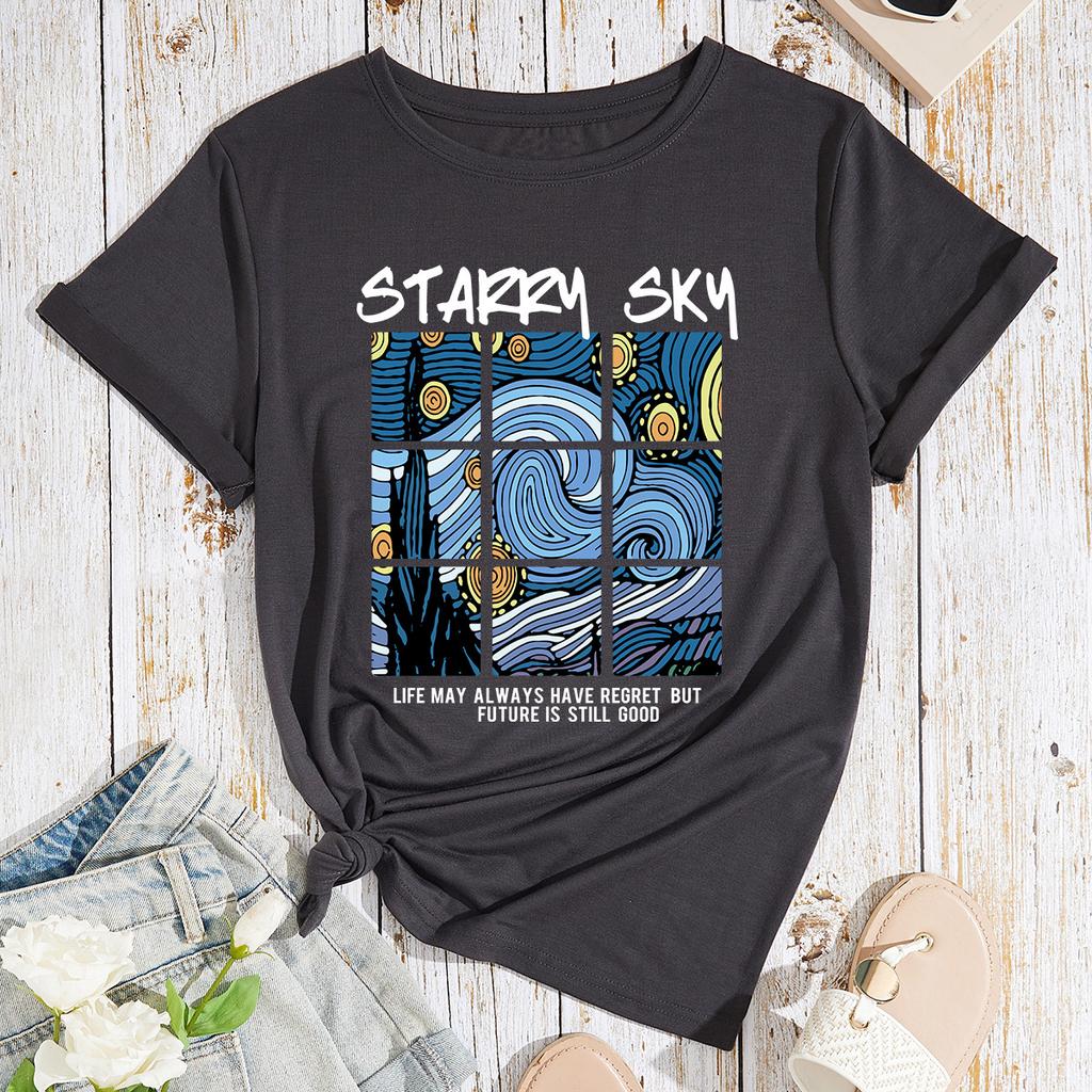 Bawełniany T-shirt Krótki Rękaw Okrągły Dekolt Damski Nadruk 2D Top