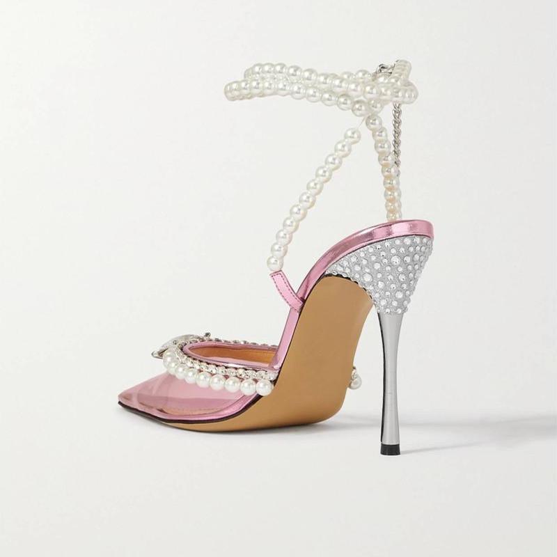 Luxury Rhinestones Pearls Women Pumps Transparent PVC Ankle strap Sexy Party High heels Spring Summer Wedding Prom Shoes