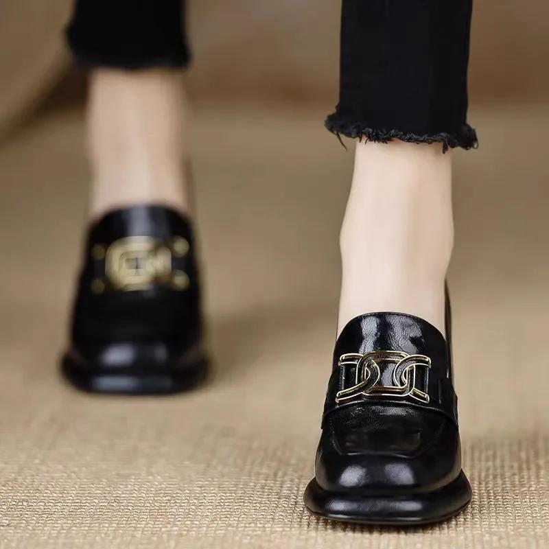 FHC New Soft Women Pumps,Fashion High Heels,Loafers Shallow Shoes,Square Toe,Slip On,British Style,Black,Beige,Dropship