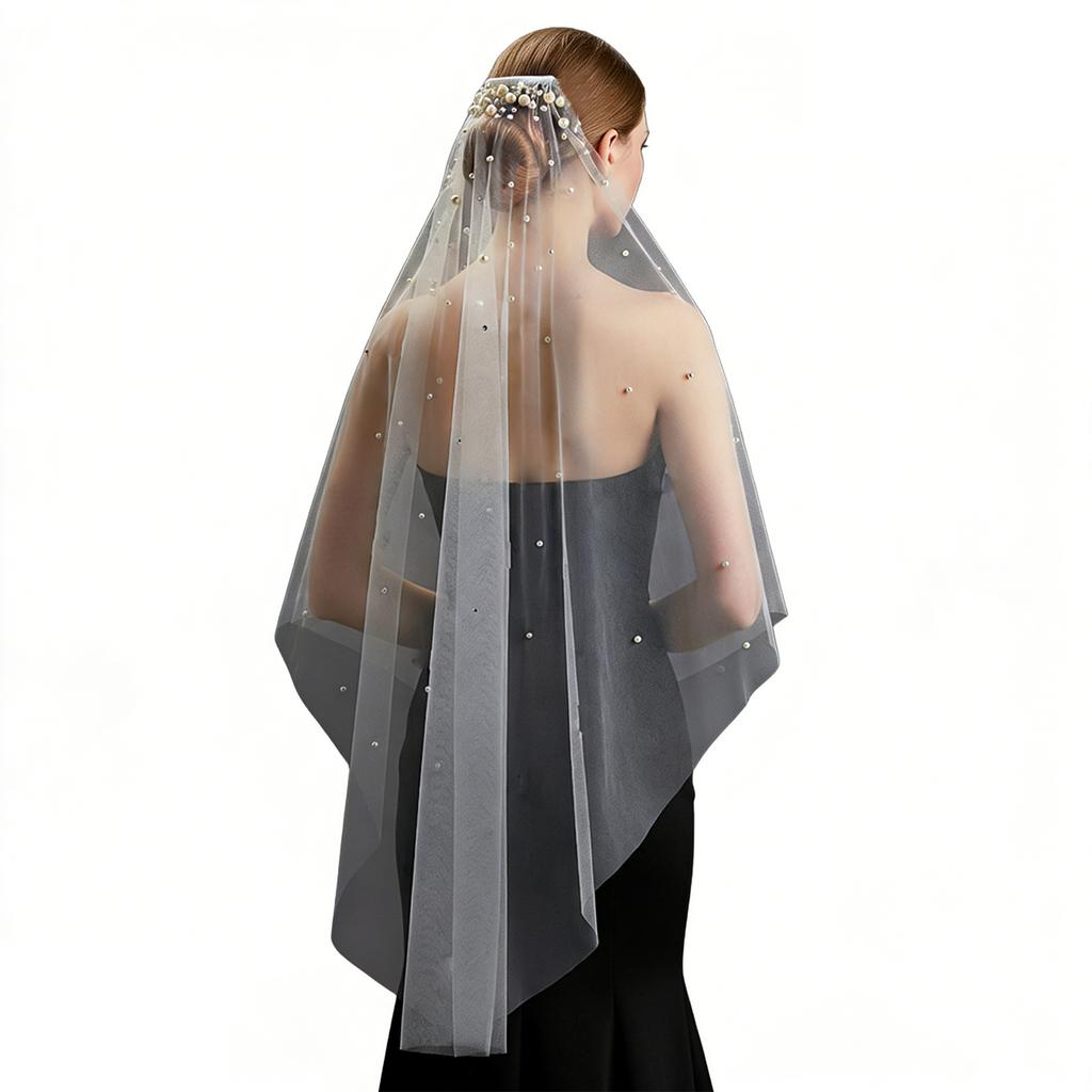 Pearls Crystal Decors Bridal Veils with Hair Comb Seethrough Sheer Single Layer Head Veils for Wedding Event Photography