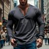 Yousheng Men Spring Autumn Top Button Decor V Neck Long Sleeves Solid Color Pullover T-shirt Stretchy Slim Fit Fitness Sport Top