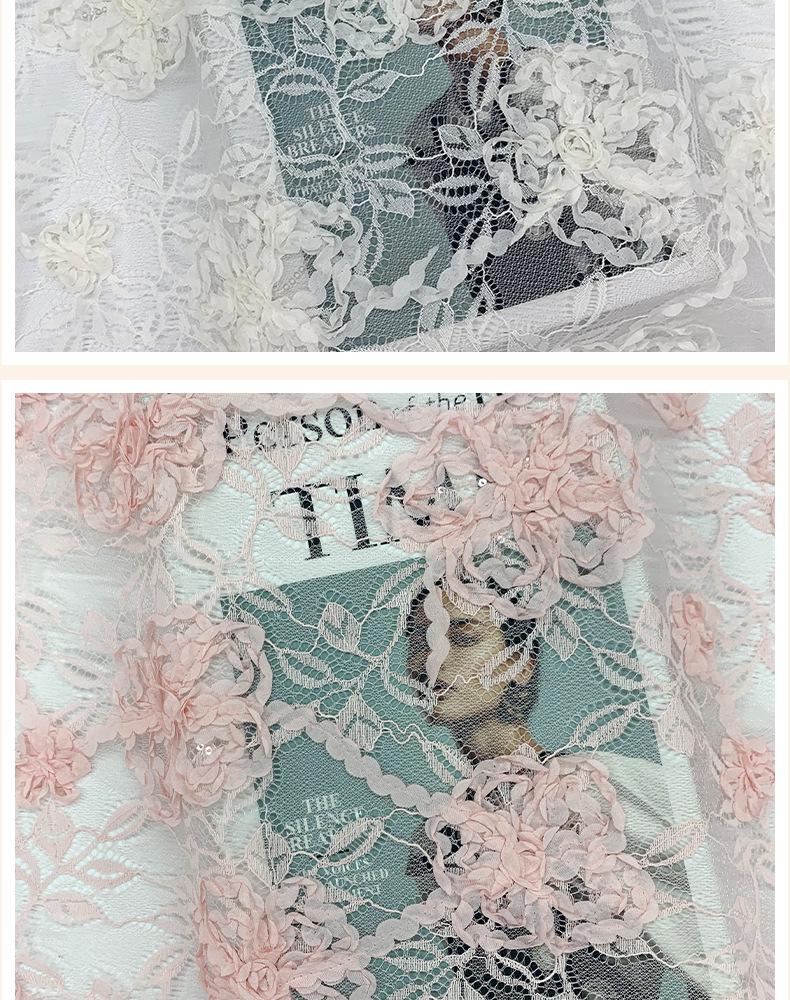 Pink Lace Fabric Roll with 3D Flower, Bead, and Sequin Embroidery for Children's Clothing Accessories