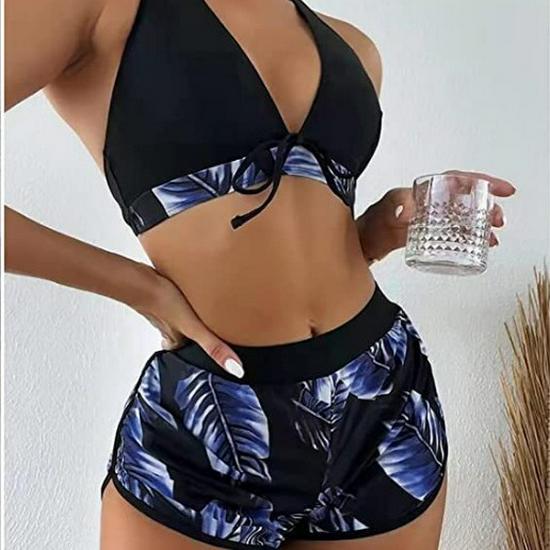 Damski dwuczęściowy zestaw bikini z blokami kolorów i nadrukiem liści, 2022
