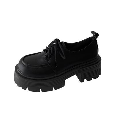 Small Leather Shoes Women's New Versatile Single Shoes Lace-up Platform Retro Thick Heel Black Shoes