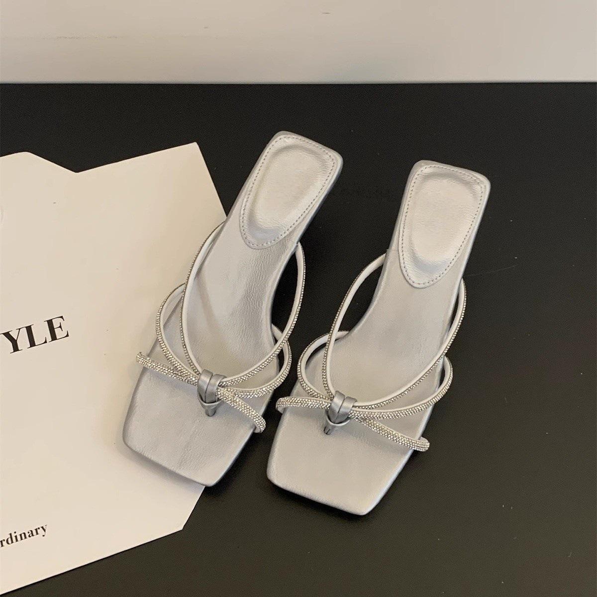 

French fairy style sparkling rhinestones thin straps cat and flip-flops femininity wearing sandals high heels 40