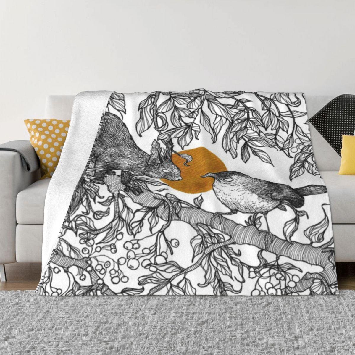 Forest Friends - Squirrel And Bird Gold Custom Home Decor An Ultra-Soft Micro Fleece Blanket 50x60in