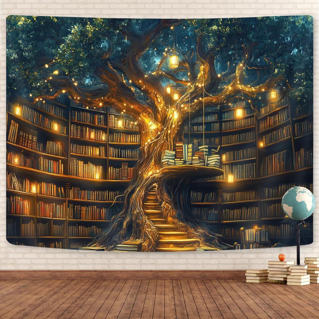 Fantasy Bibliothek Wandteppich für Klassenzimmer, Mystischer Baum Magisches Bücherregal Ästhetische Wandteppiche, Hexen Märchenbaum Vintage