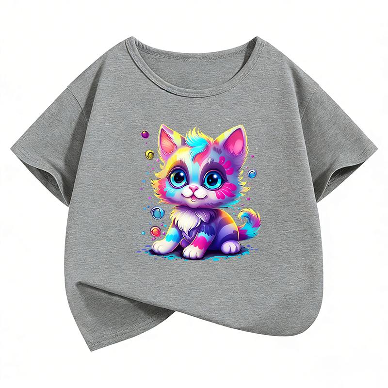 Funny Colorful Cat Design TShirt Printed T Shirt Girls Summer Clothes Short Sleeve Tops TShirts Cute Cat Girls Clothing