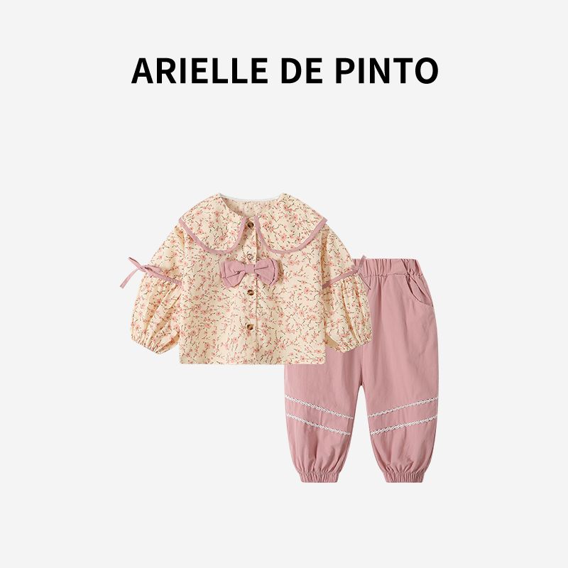 French Arielle De Pinto Girls Autumn Outfit, Stylish and Sweet Floral Bow Two-Piece Set for Girls Pink 130