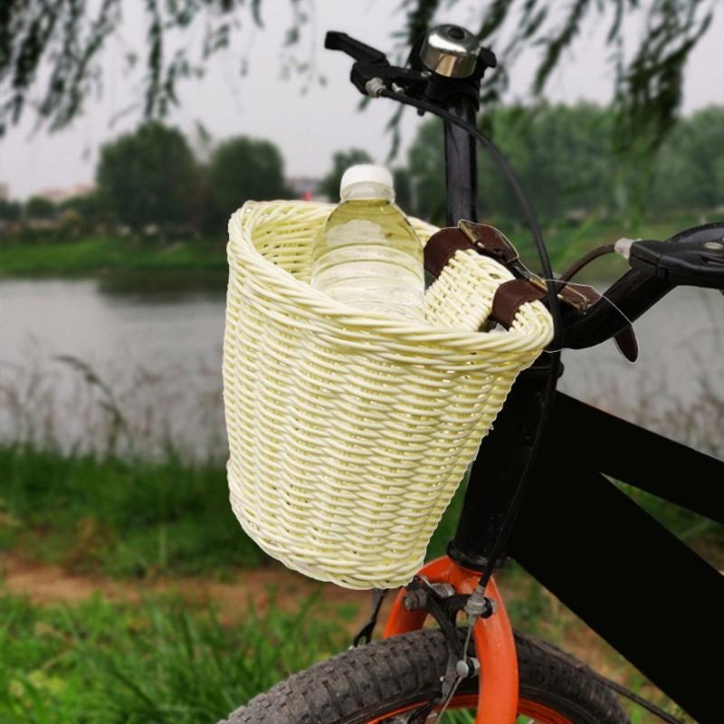 Dětský Ručně Tkaný Cyklistický Koš na Řídítka Kolo Nákladní Koš Pro Dívku s Koženými Pásky, Odnímatelný