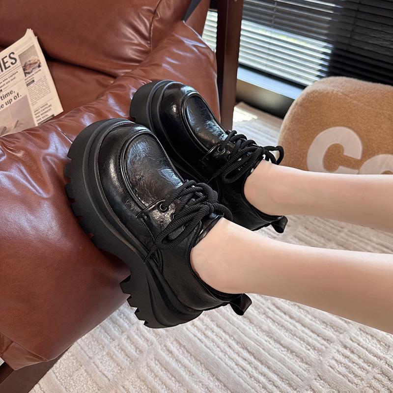Platform Small Leather Shoes Women's British Style Autumn 2025 New French Single Shoes Heightening Lace-up Muffin Loafers