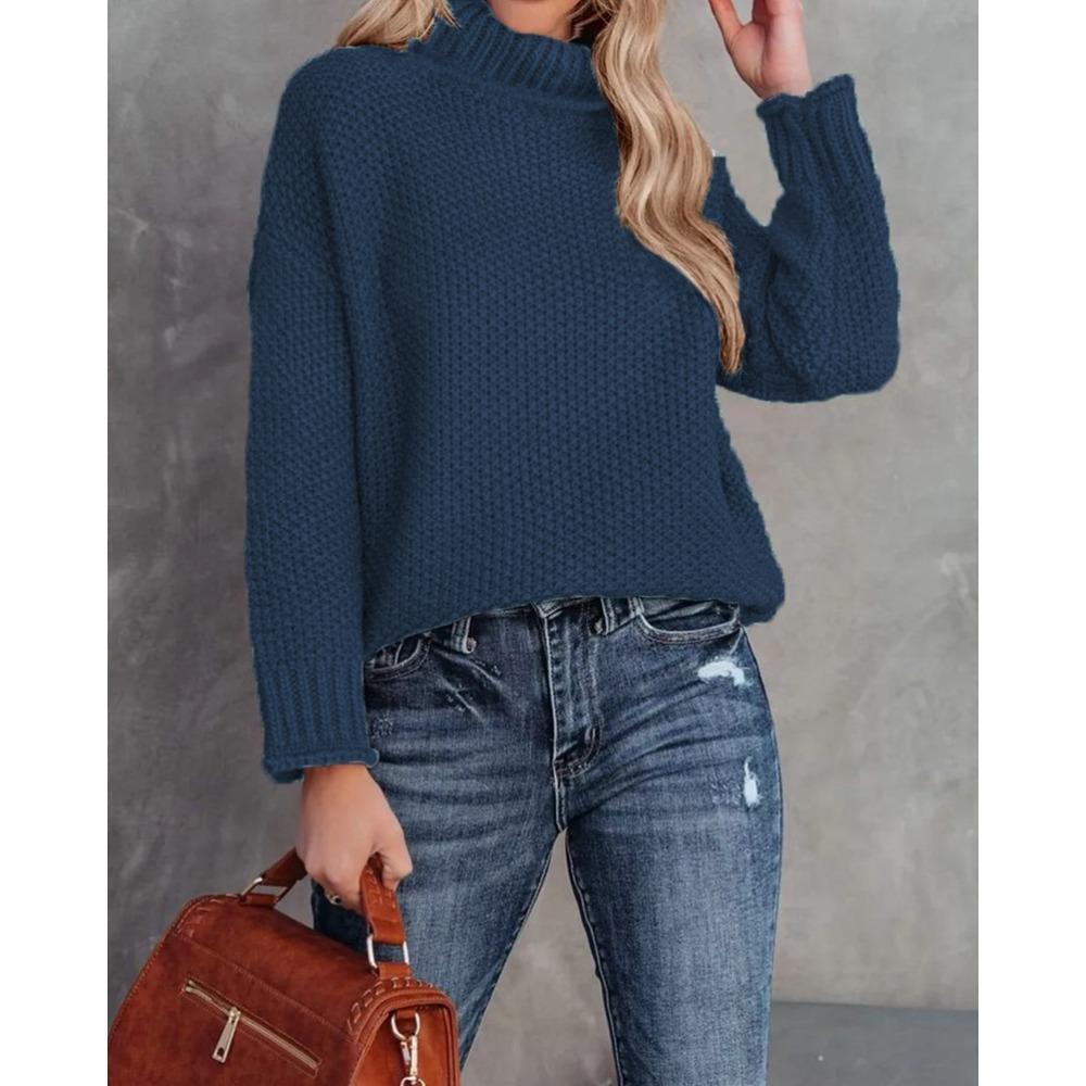 New Autumn and Winter Knitted Sweater, Solid Color High-neck Casual Loose Sweater Pullover