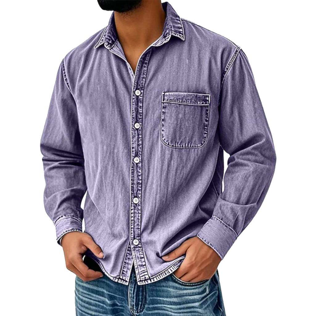 Men's Casual Solid Color Distressed Denim Shirt, Men's American Workwear, Retro Washed Long-sleeved Top